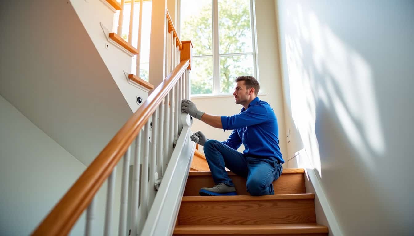 Technicien en train d’installer un monte-escalier dans une maison de Valframbert