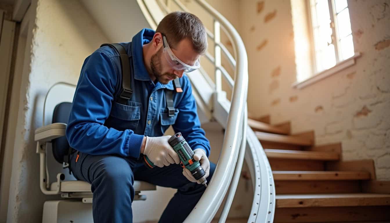 Technicien en train d’installer un monte-escalier dans une maison des Deux-Sèvres, avec outils et matériel de sécurité