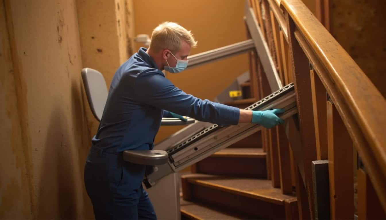 Technicien en train d’installer un monte-escalier dans une maison typique de Mazet-Saint-Voy