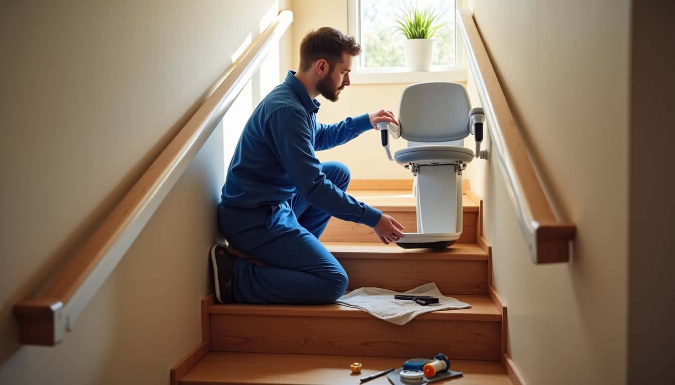 Technicien en train d’installer un monte-escalier dans une maison