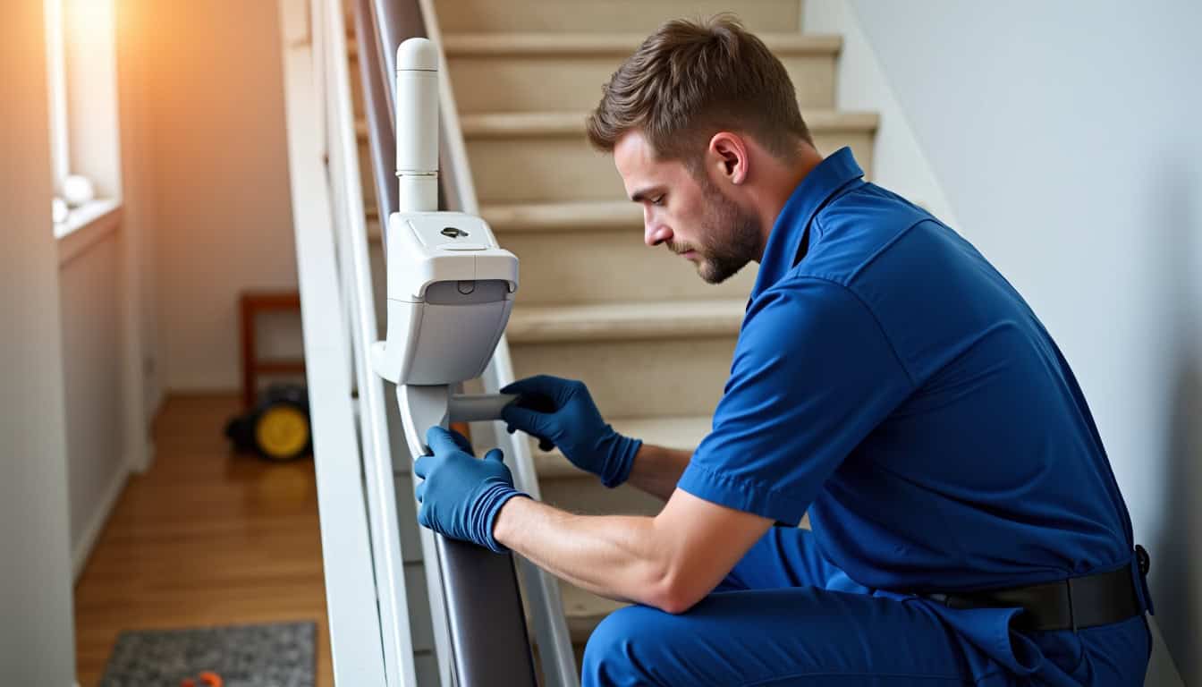 Technicien en train d’installer un monte-escalier droit dans un escalier intérieur