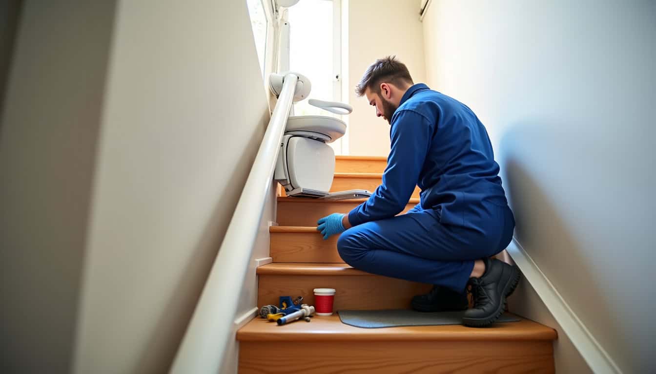 Technicien en train d’installer un monte-escalier droit sur un escalier