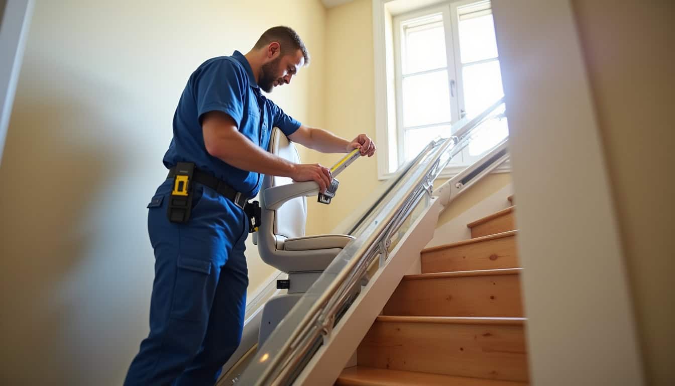 Technicien en train d’installer un monte-escalier, en vérifiant les réglages du rail et du siège