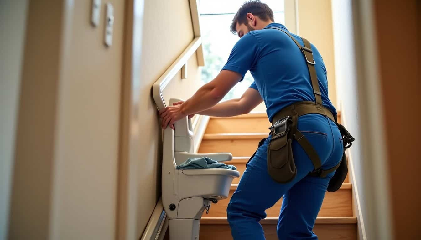 Technicien en train d’installer un monte-escalier intérieur à Levallois-Perret