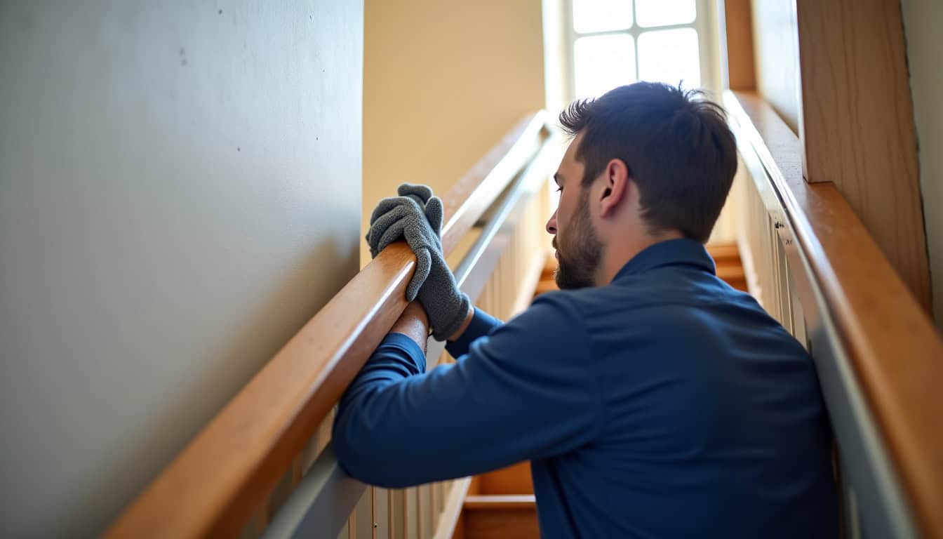 Technicien en train d’installer un monte-escalier intérieur à Saint-Jacut-les-Pins