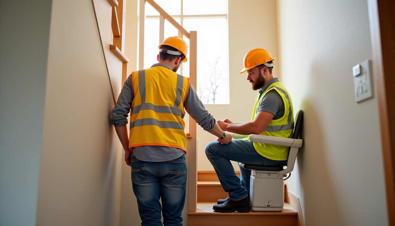 Technicien en train d’installer un monte-escalier, montrant l’intervention professionnelle sur site