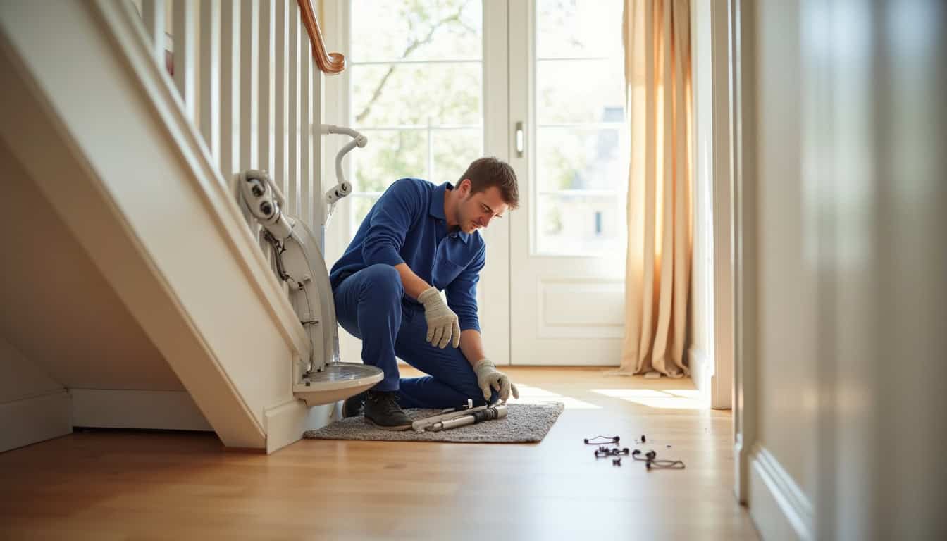 Technicien en train d’installer un monte-escalier sur un escalier droit à Beaumont-de-Pertuis