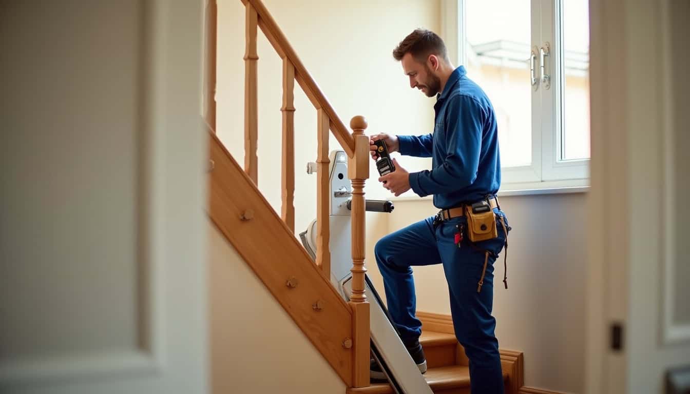 Technicien en train d’installer un monte-escalier sur un escalier droit à Noyers-sur-Cher