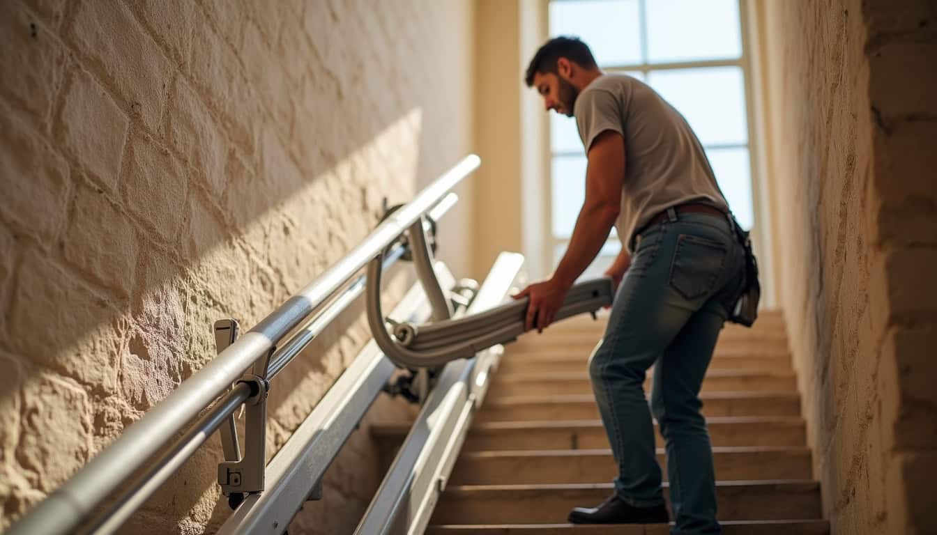 Technicien en train d’installer un monte-escalier sur un escalier en pierre à Fontvieille