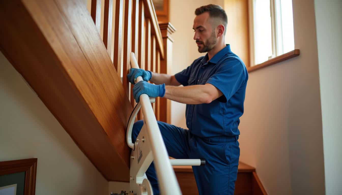 Technicien en train d’installer un monte-escalier sur un escalier intérieur en bois