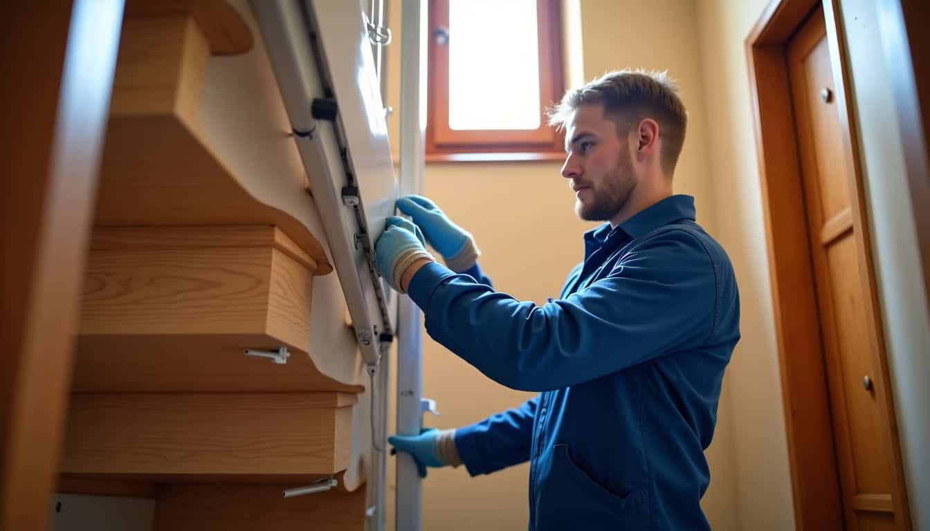Technicien en train d’installer un monte-escalier tournant à Schœneck