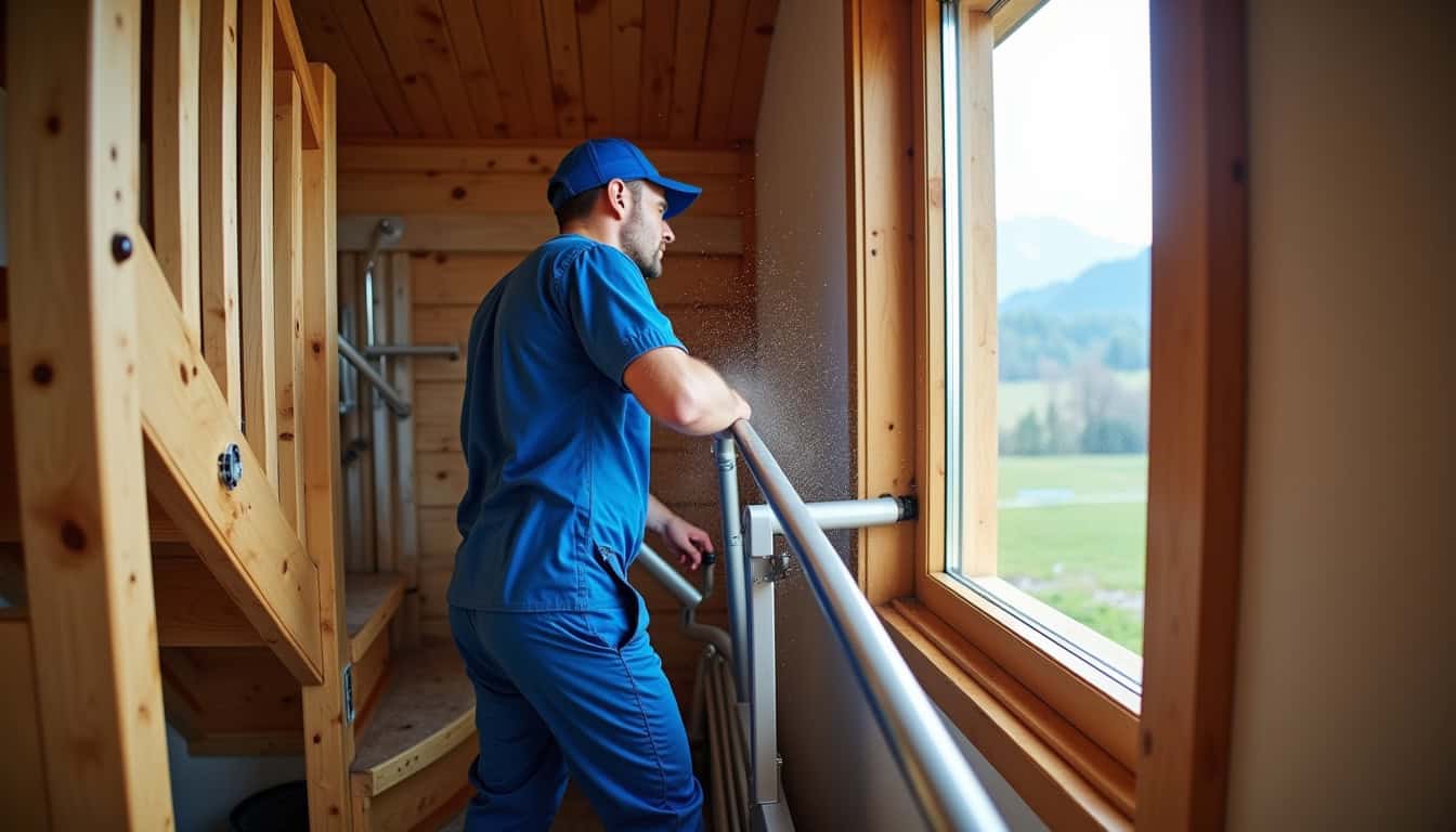 Technicien en train d’installer un monte-escalier tournant à Val Buëch-Méouge