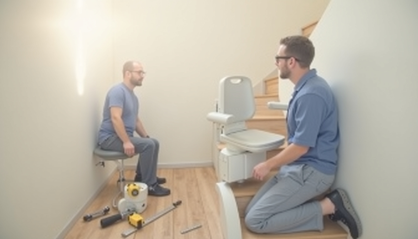 Technicien en train d’installer un monte-escalier tournant, avec outils et rail courbé