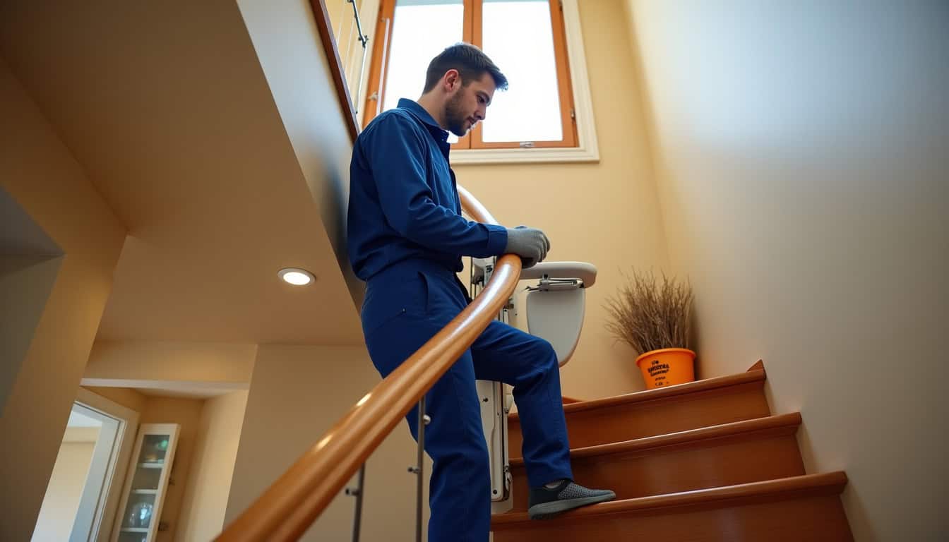 Technicien en train d’installer un monte-escalier tournant dans un pavillon à Saint-Augustin