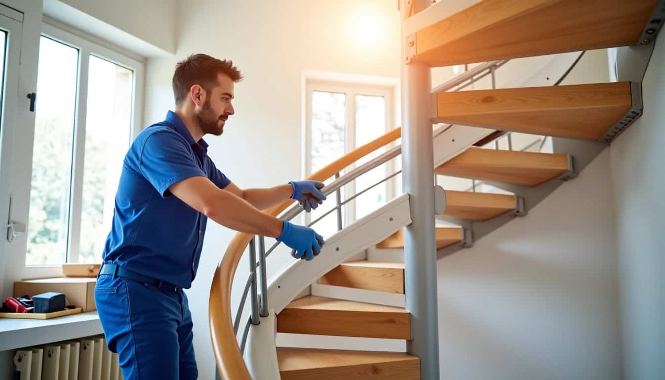 Technicien en train d’installer un monte-escalier tournant dans une maison à Istres