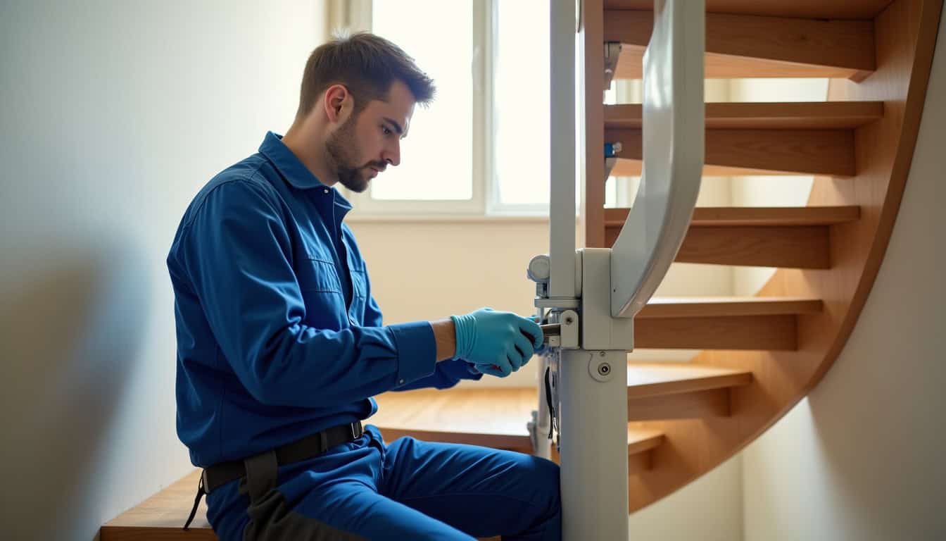Technicien en train d’installer un monte-escalier tournant dans une maison à Ruffec