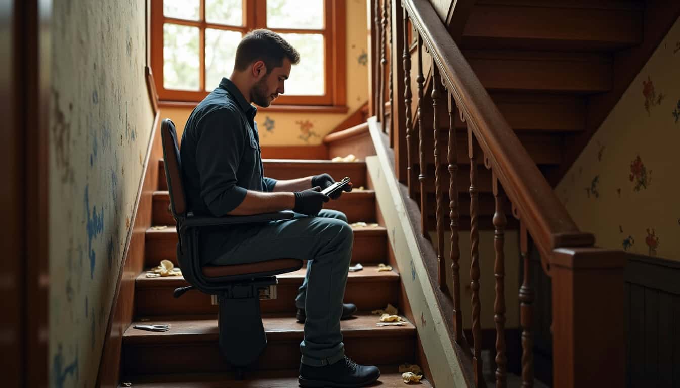 Technicien en train d’installer un monte-escalier tournant dans une maison ancienne à Aigremont
