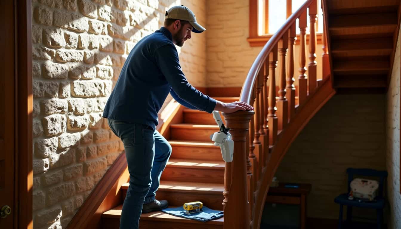 Technicien en train d’installer un monte-escalier tournant dans une maison ancienne à Orange
