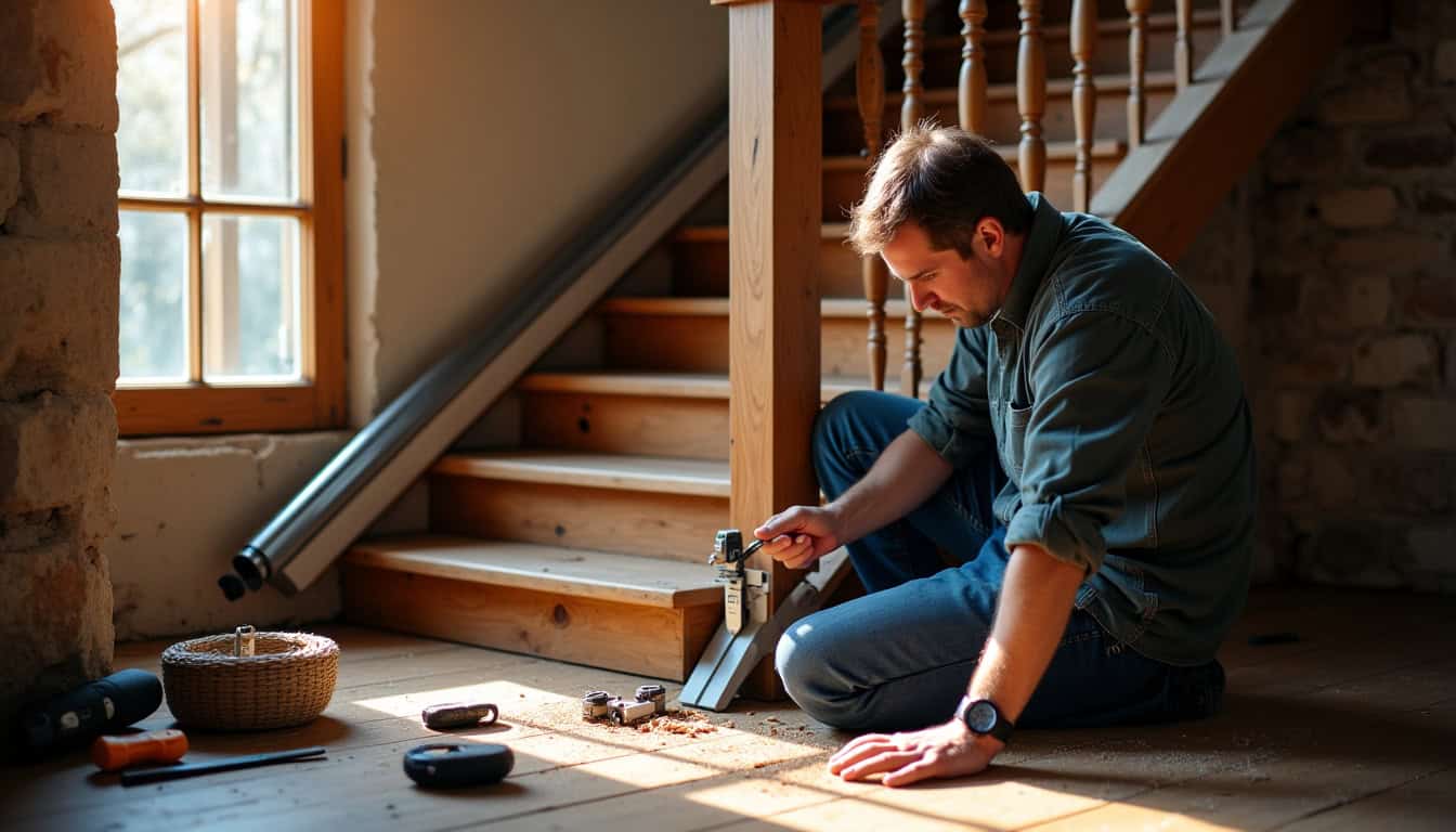 Technicien en train d’installer un monte-escalier tournant dans une maison ancienne, avec outils et rail sur mesure