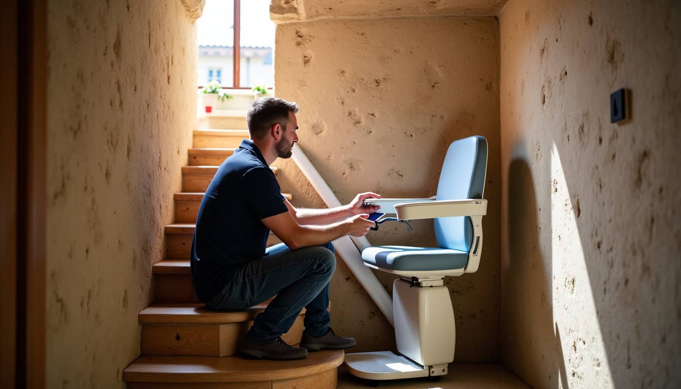 Technicien en train d’installer un monte-escalier tournant dans une maison ancienne de Martigues, avec des outils de mesure et de fixation