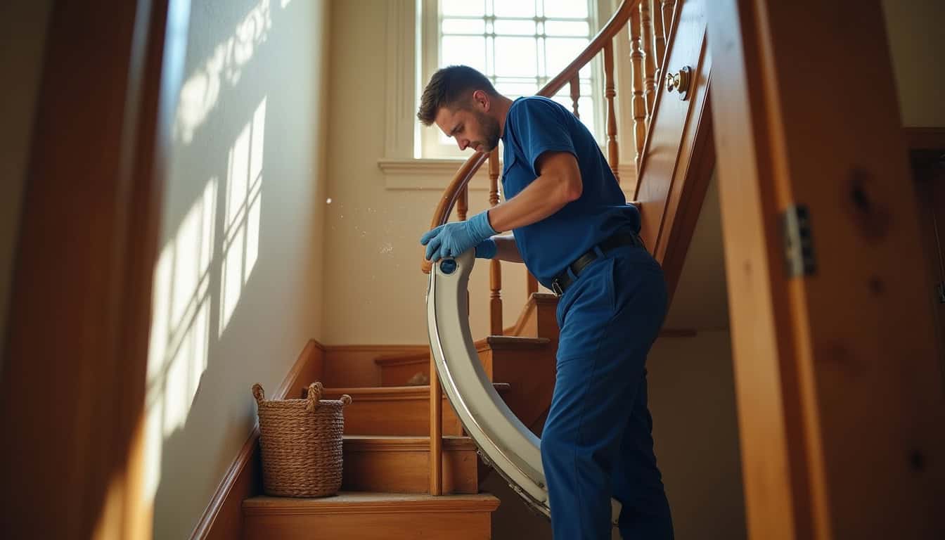 Technicien en train d’installer un monte-escalier tournant dans une maison ancienne