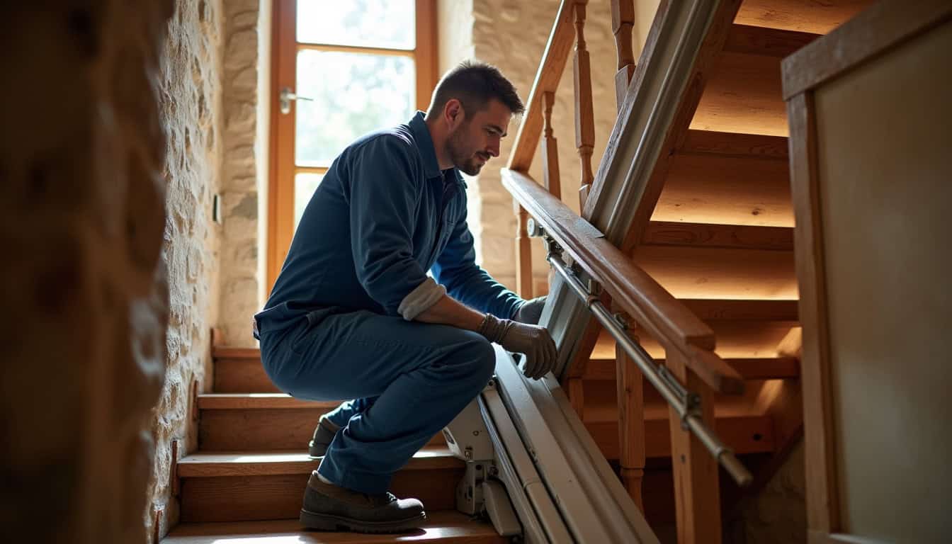 Technicien en train d’installer un monte-escalier tournant dans une maison traditionnelle de Toulenne