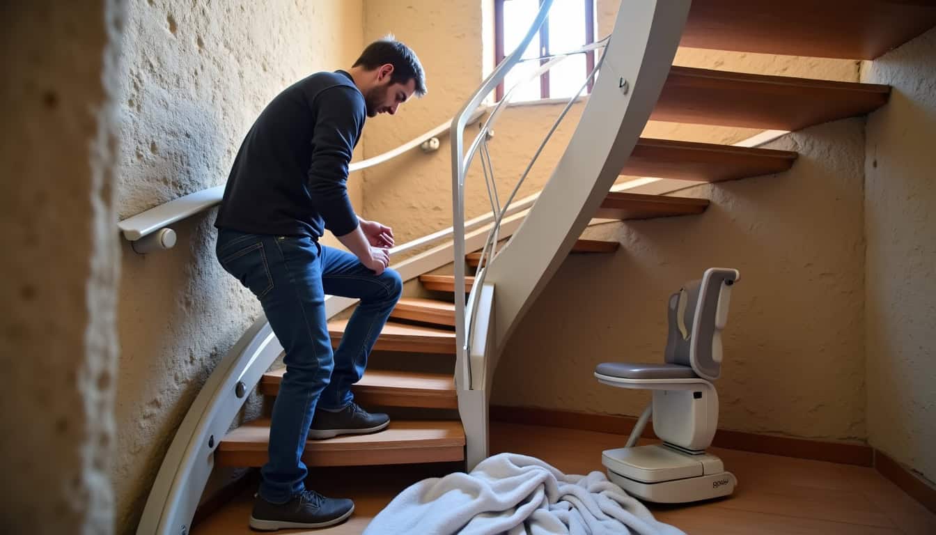 Technicien en train d’installer un monte-escalier tournant dans une maison typique du Puy-en-Velay, avec rail sur mesure et siège ergonomique