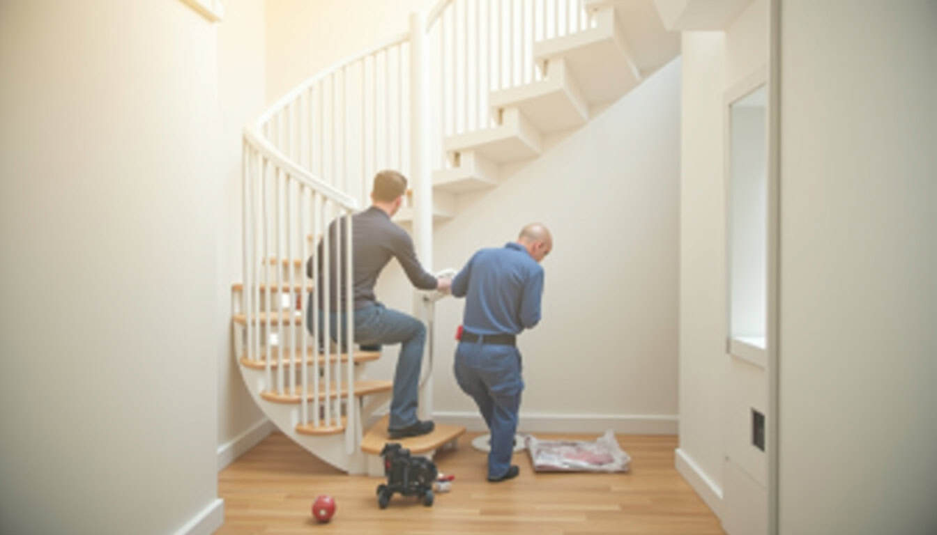 Technicien en train d’installer un monte-escalier tournant dans une maison
