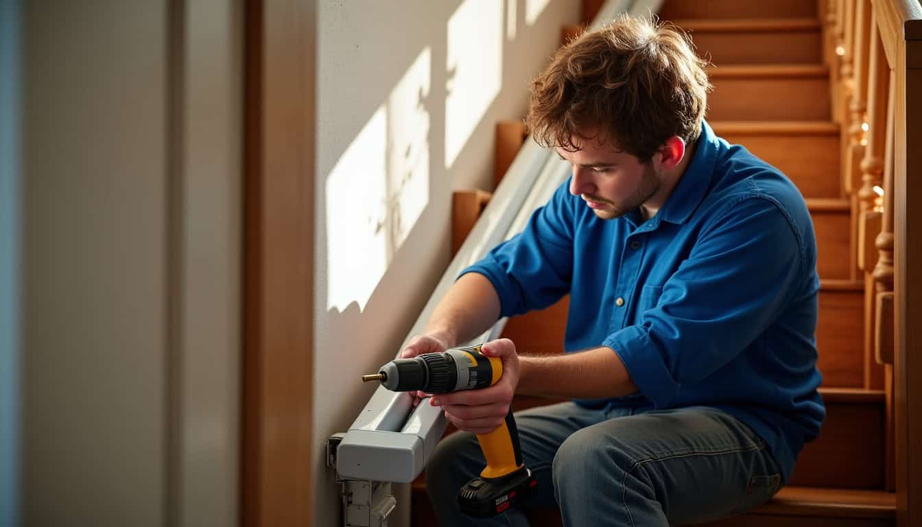Technicien en train d’installer un rail de monte-escalier dans une maison de Domalain
