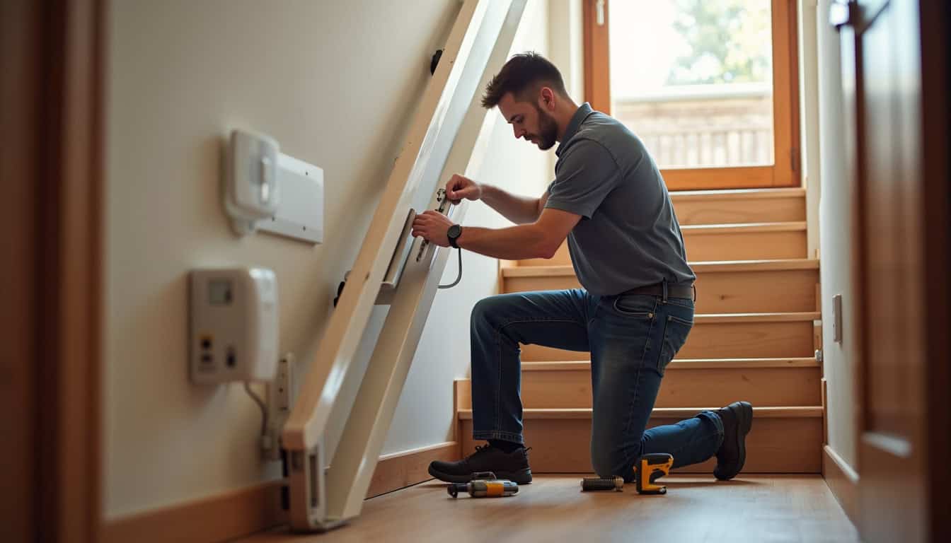 Technicien en train d’installer un rail de monte-escalier droit dans une maison typique d’Athies-sous-Laon, avec outils sur place