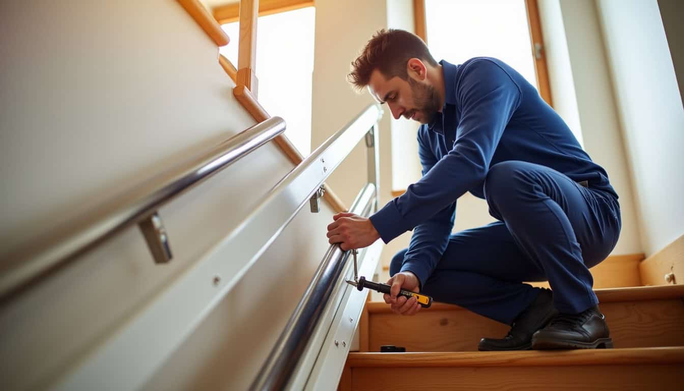 Technicien en train d’installer un rail de monte-escalier tournant dans une maison à Saint-Baldoph