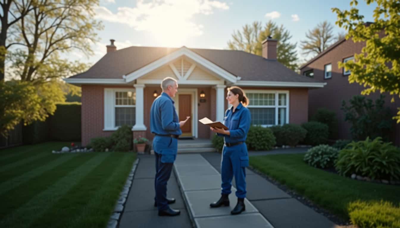 Technicien en uniforme discutant avec un client devant une maison à Saint-Bernard