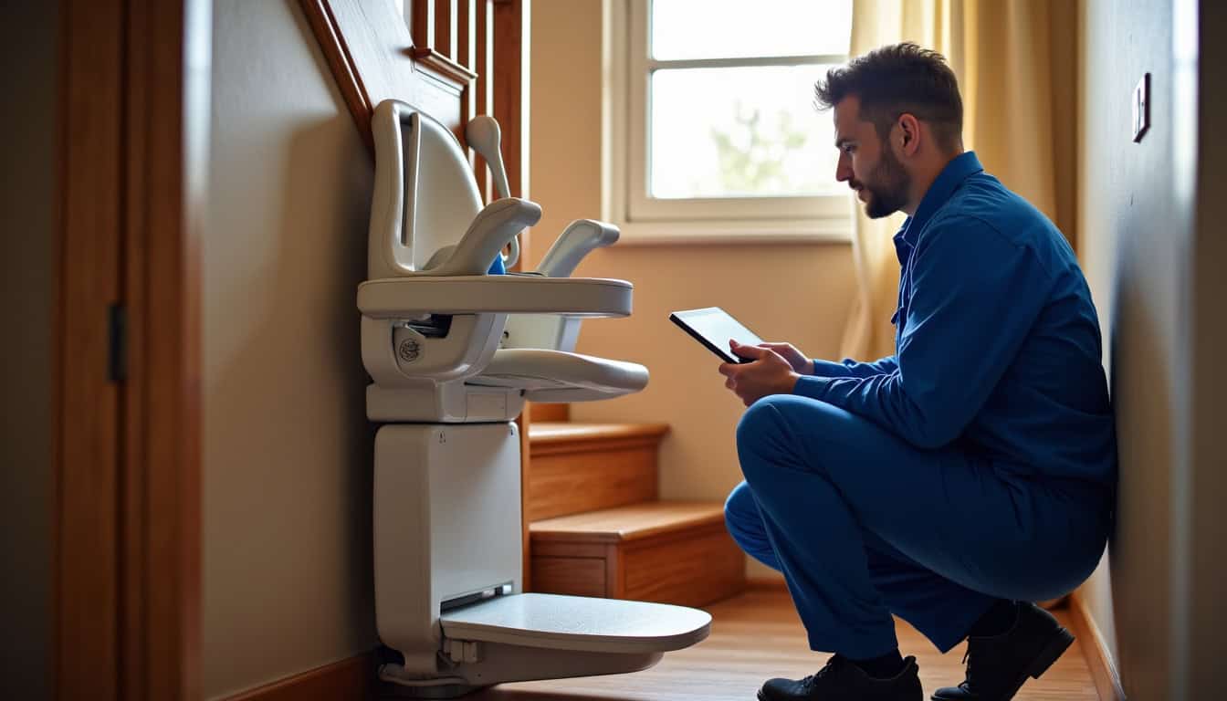 Technicien en uniforme en train de vérifier un monte-escalier droit dans une maison à proximité de Sainte-Anne-sur-Brivet