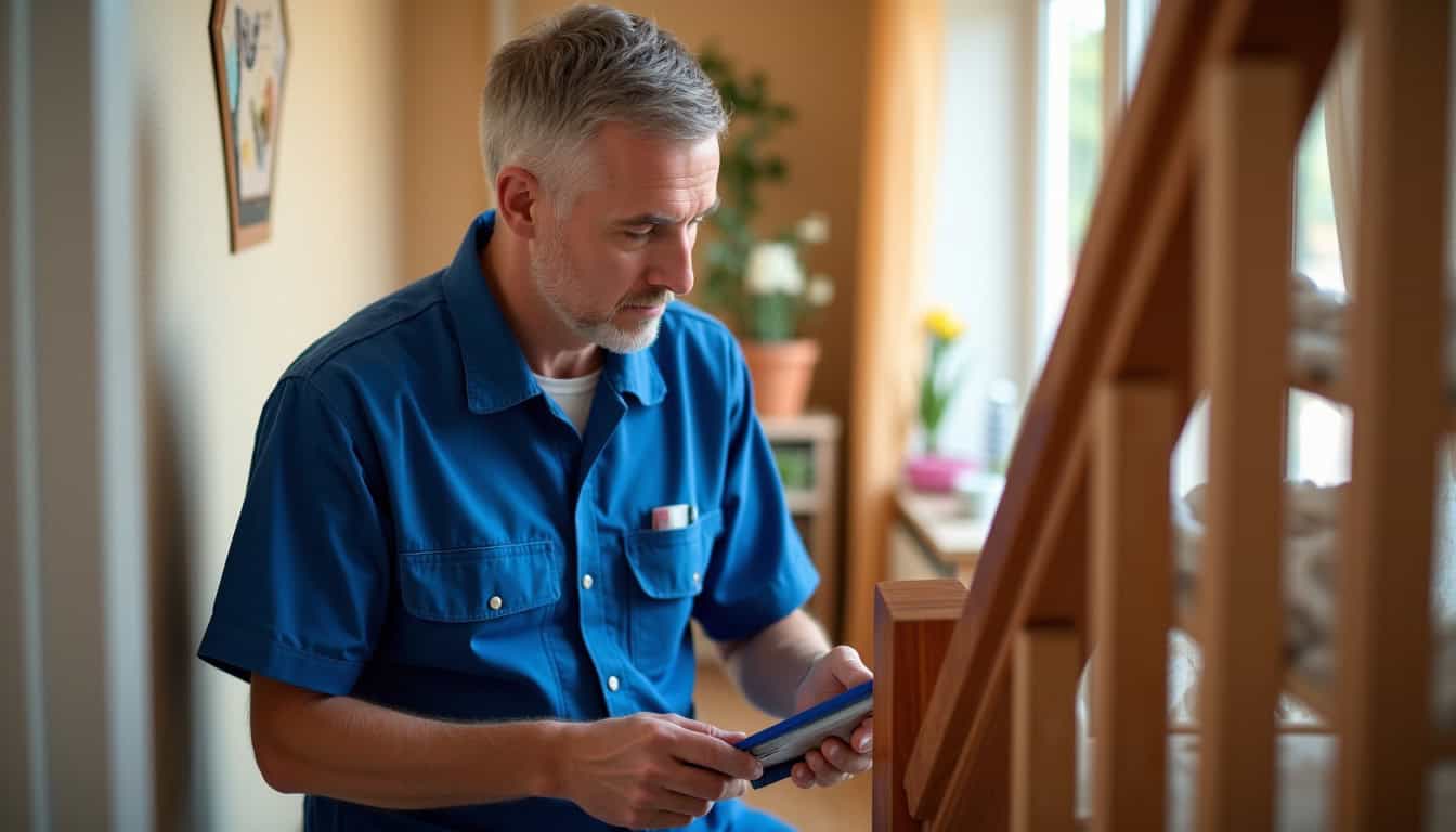 Technicien en uniforme en train d’installer un monte-escalier dans une maison à Tavel