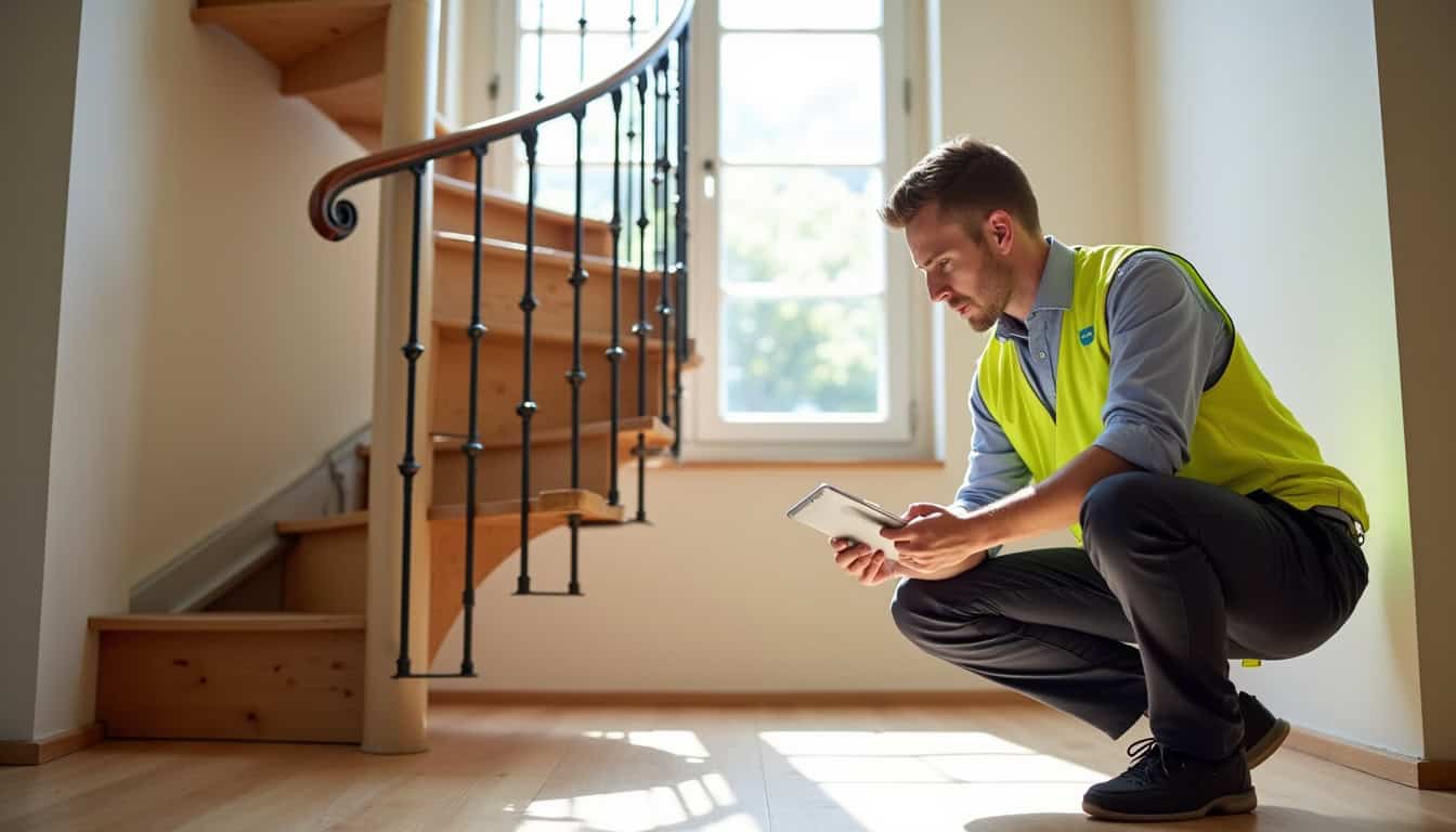 Technicien en uniforme mesurant un escalier tournant dans une maison de Triel-sur-Seine, tablette en main