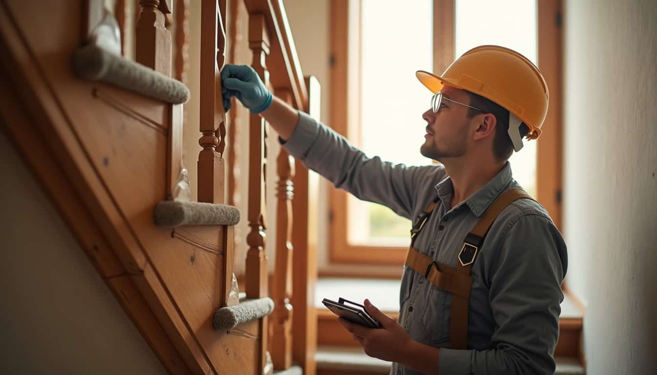 Technicien évaluant un escalier en bois dans une maison à Wolfisheim pour une installation de monte-escalier