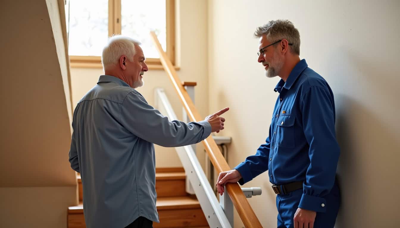 Technicien expliquant les options d’un monte-escalier à un client à Grenoble