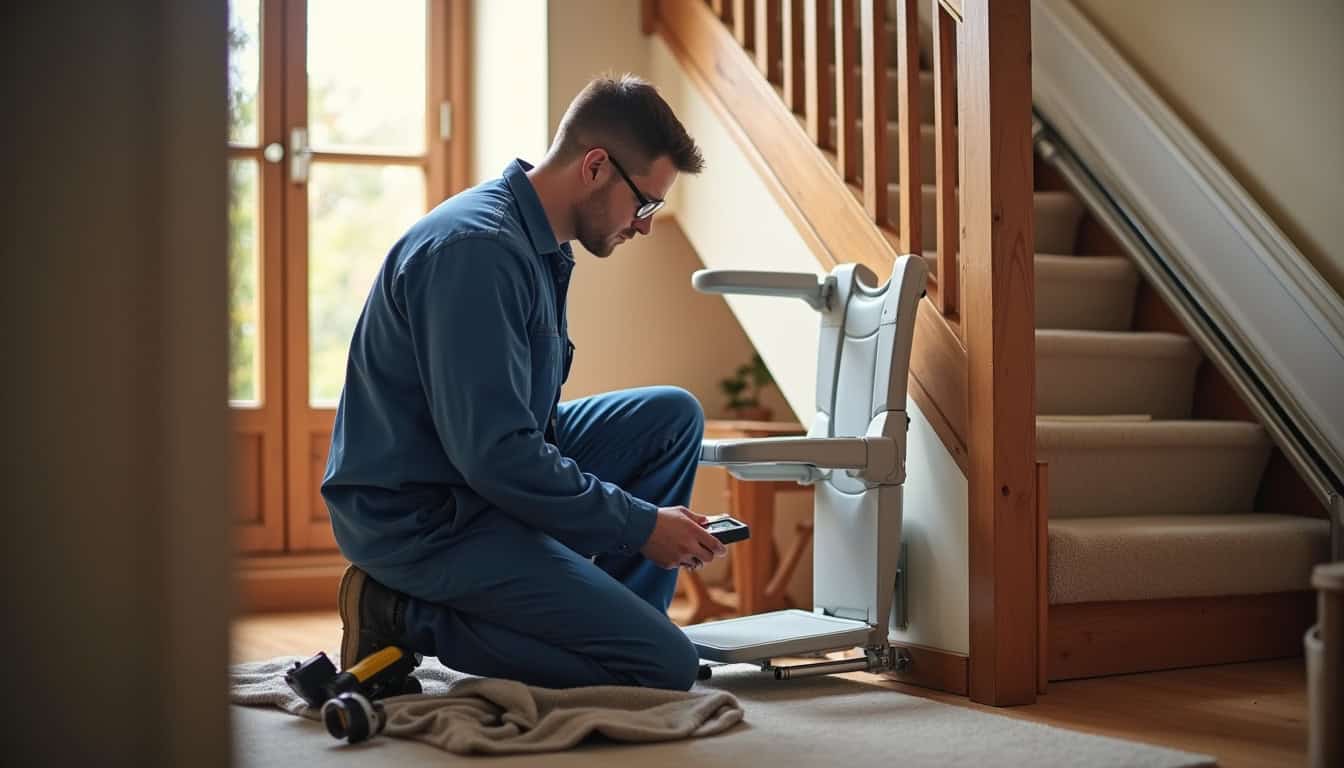 Technicien installant un monte-escalier dans une maison à Ardentes