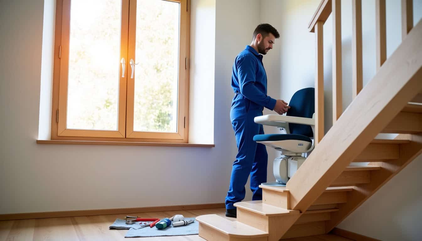 Technicien installant un monte-escalier dans une maison à Arques