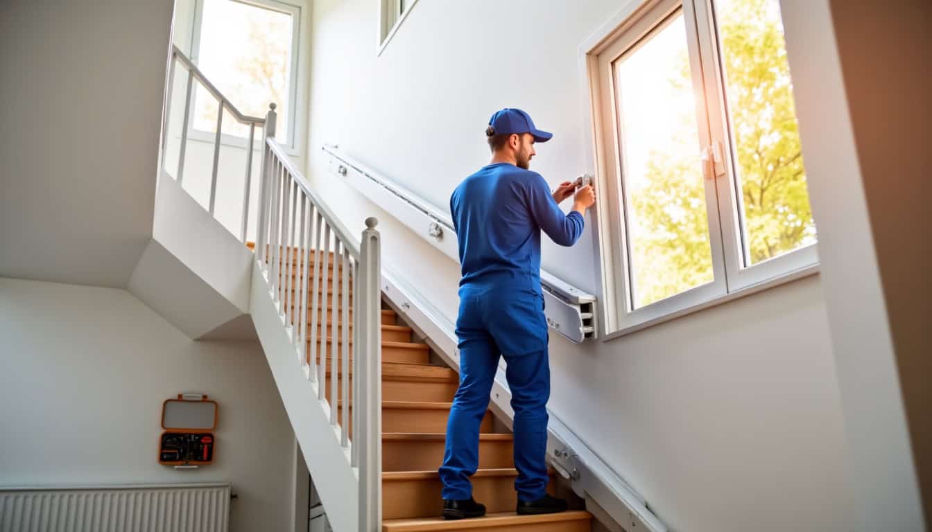 Technicien installant un monte-escalier dans une maison à Assérac