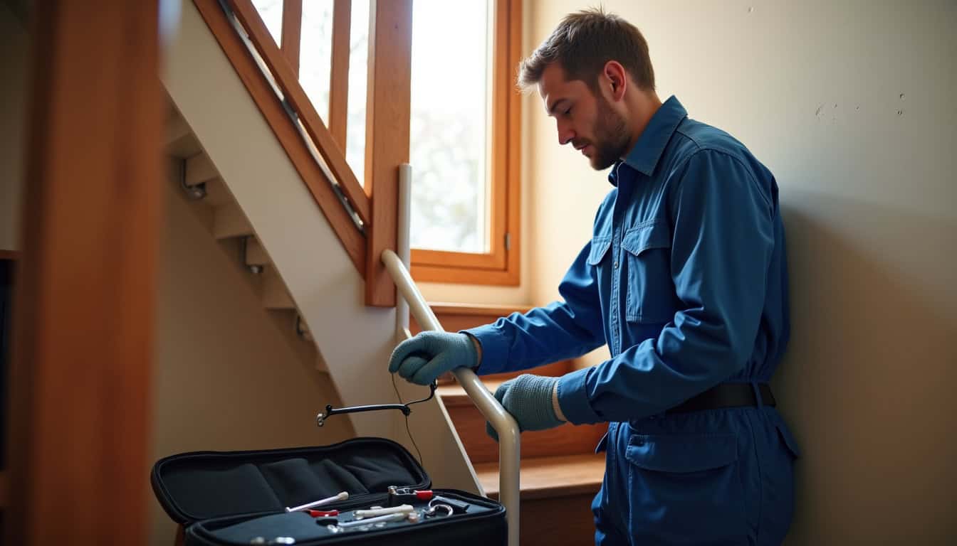 Technicien installant un monte-escalier dans une maison à Auch