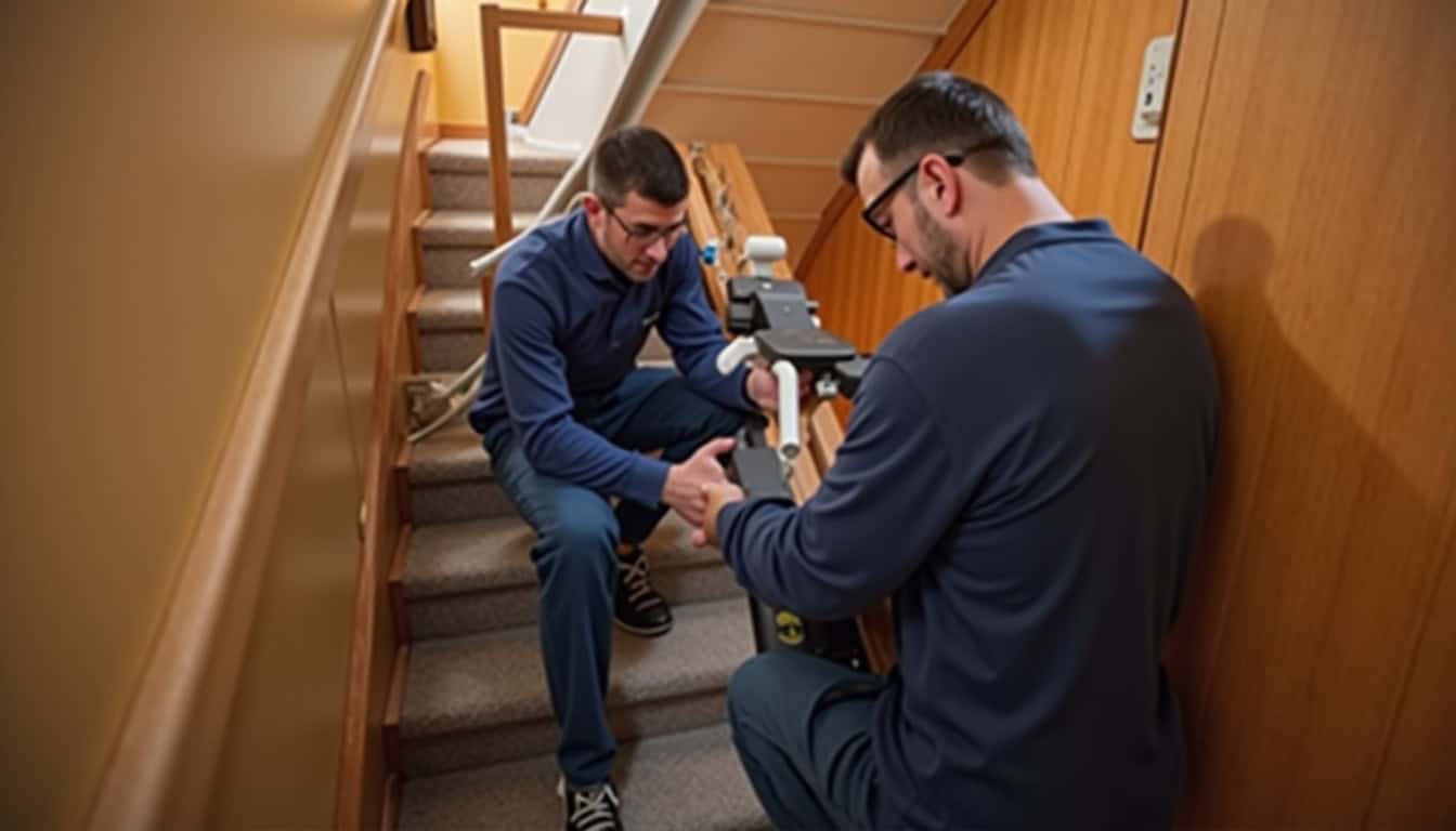 Technicien installant un monte-escalier dans une maison à Flamanville
