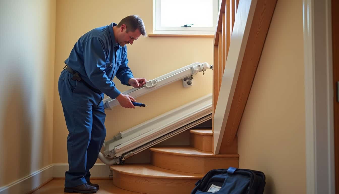 Technicien installant un monte-escalier dans une maison à Is-sur-Tille