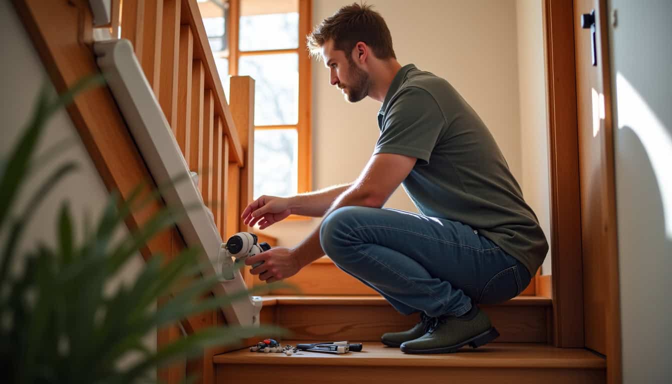 Technicien installant un monte-escalier dans une maison à Labenne