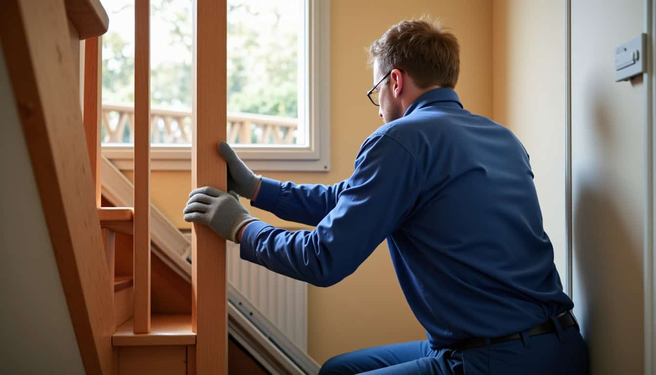 Technicien installant un monte-escalier dans une maison à Montmain