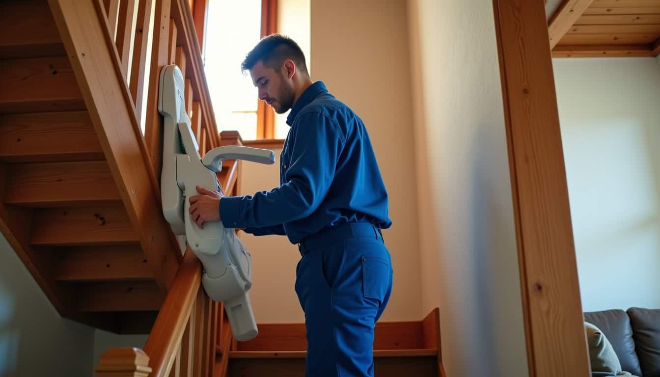 Technicien installant un monte-escalier dans une maison à Saint-Gondon