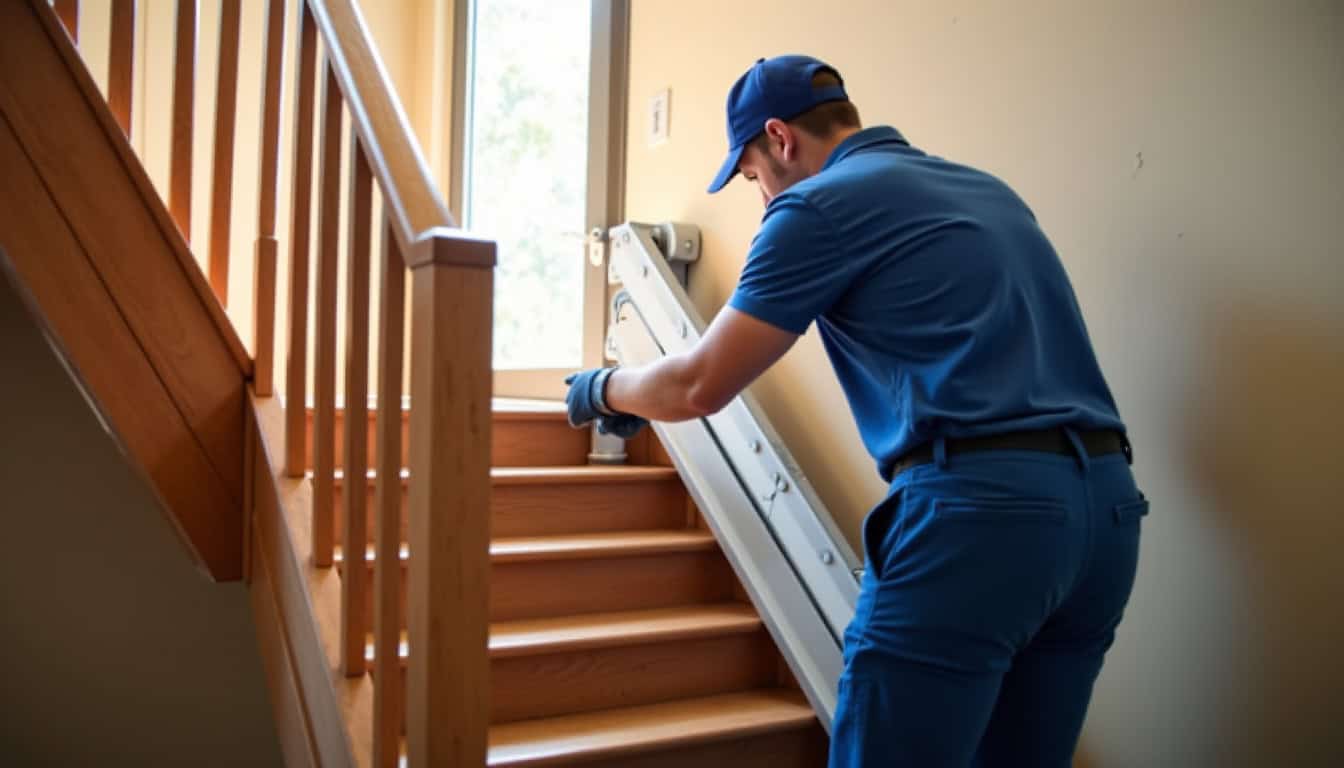 Technicien installant un monte-escalier dans une maison à Tulle