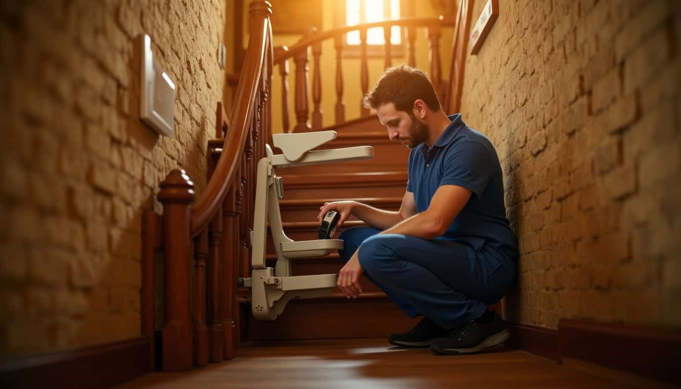 Technicien installant un monte-escalier dans une maison ancienne