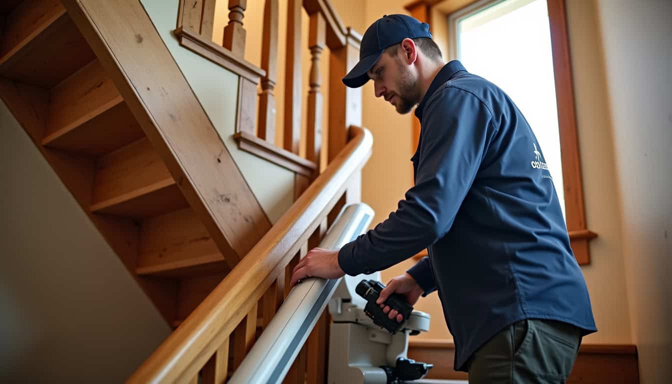 Technicien installant un monte-escalier dans une maison de Raimbeaucourt