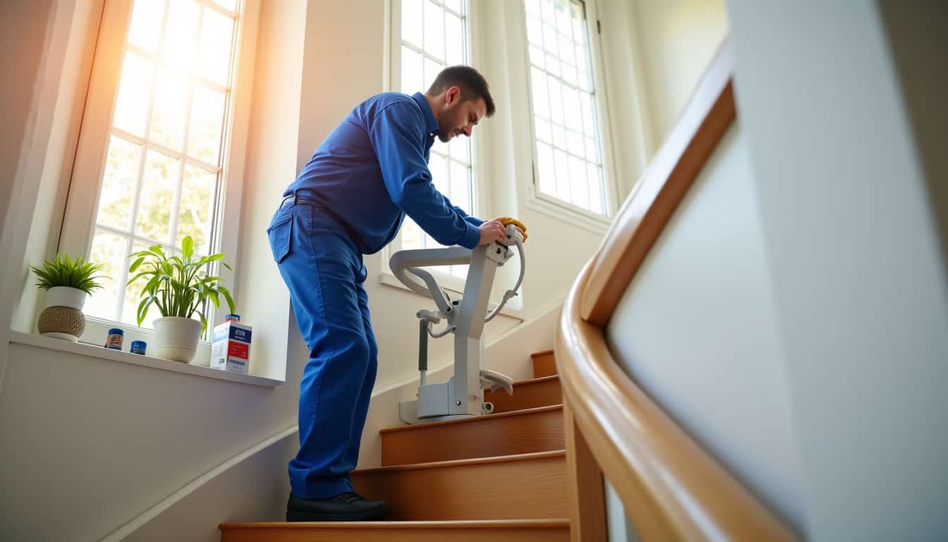 Technicien installant un monte-escalier dans une maison de Tonnay-Charente